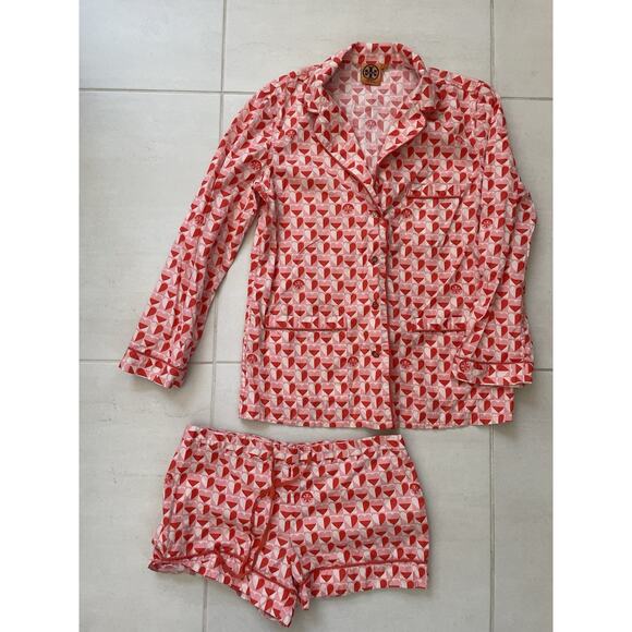 Tory Burch Pajamas Hearts Logo Multicolor Button Down Loungewear - Picture 1 of 12
